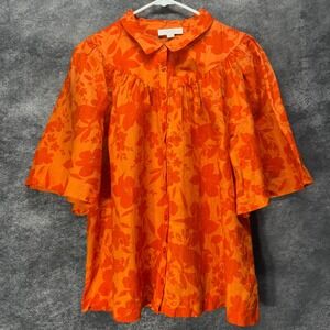 Charter Club 100% Linen Button Up Shirt Womens L Orange Floral Kimono Sleeve
